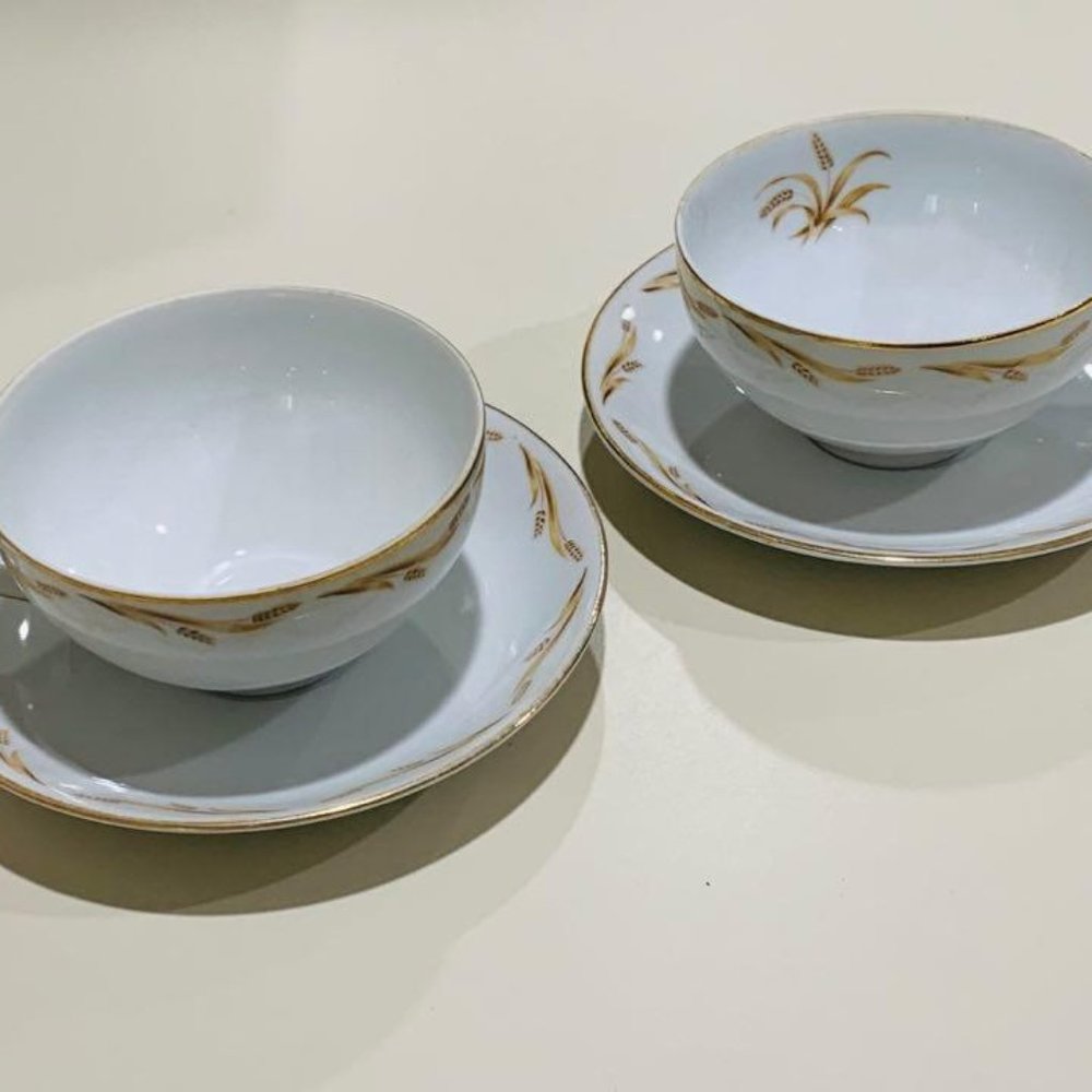 2 Vintage GOLDEN GRAIN #526 by Abalone Japan FLAT CUP & SAUCER SET Wheat